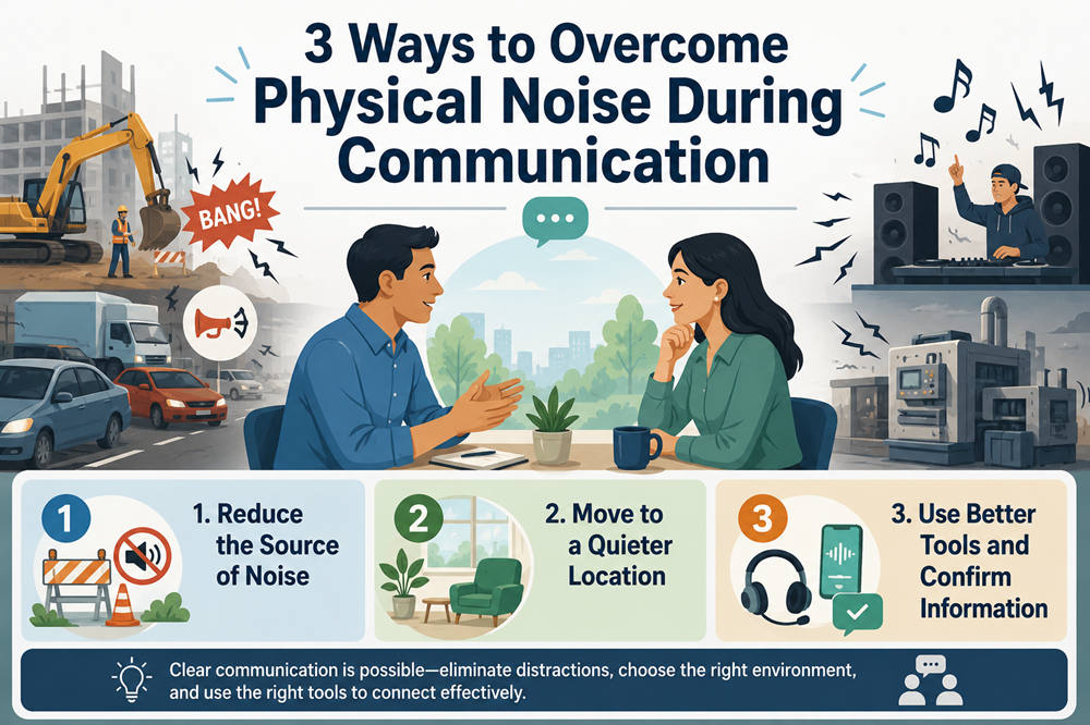 List 3 ways you could overcome physical noise during communication
